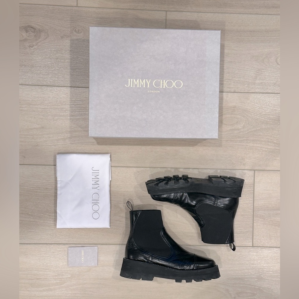 Jimmy Choo Clayton Black Leather Crystal Embellished Chelsea Boots 
Size 39 US 8